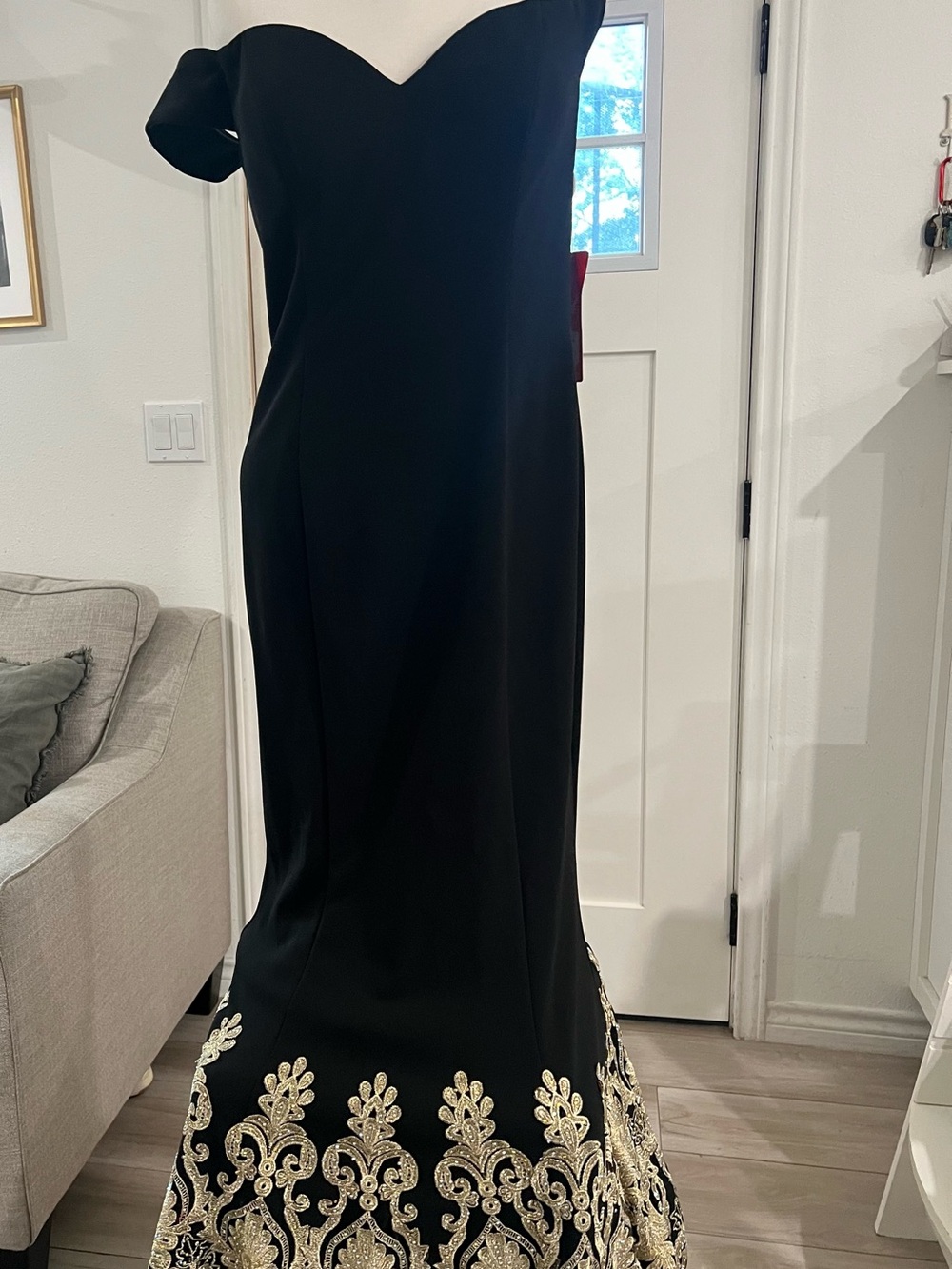Off -the-Shoulder Prom/Evening Gown with Gold Embroidered Hem